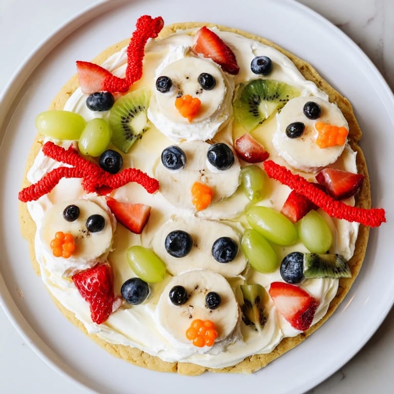 This Melting Snowman Fruit Pizza delights with a sugar cookie base, creamy frosting and chocolate chip eyes.