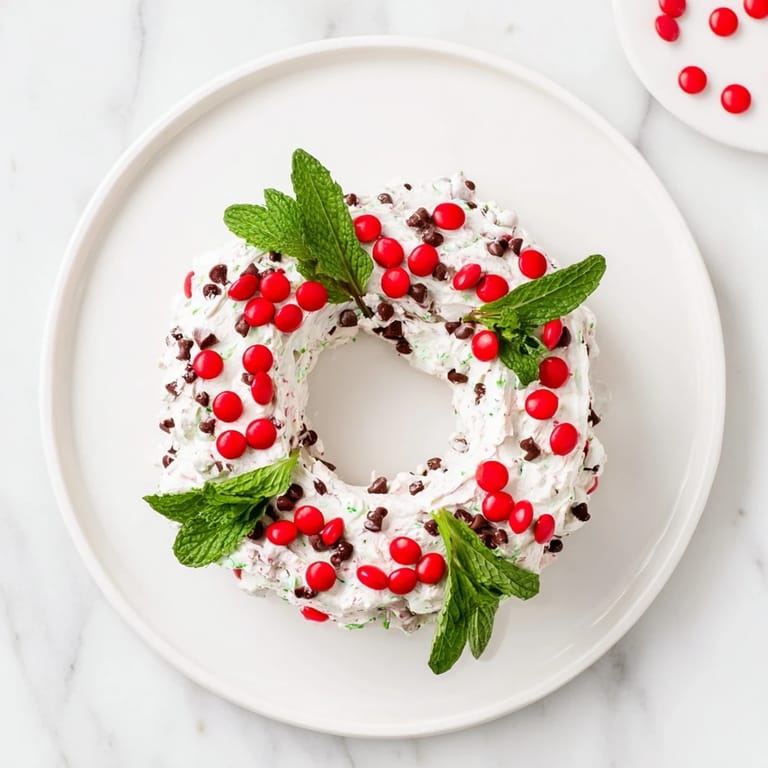 A chilled Mint Chocolate Chip Dip Wreath is shaped like a wreath, ready to be scooped up with cookies.