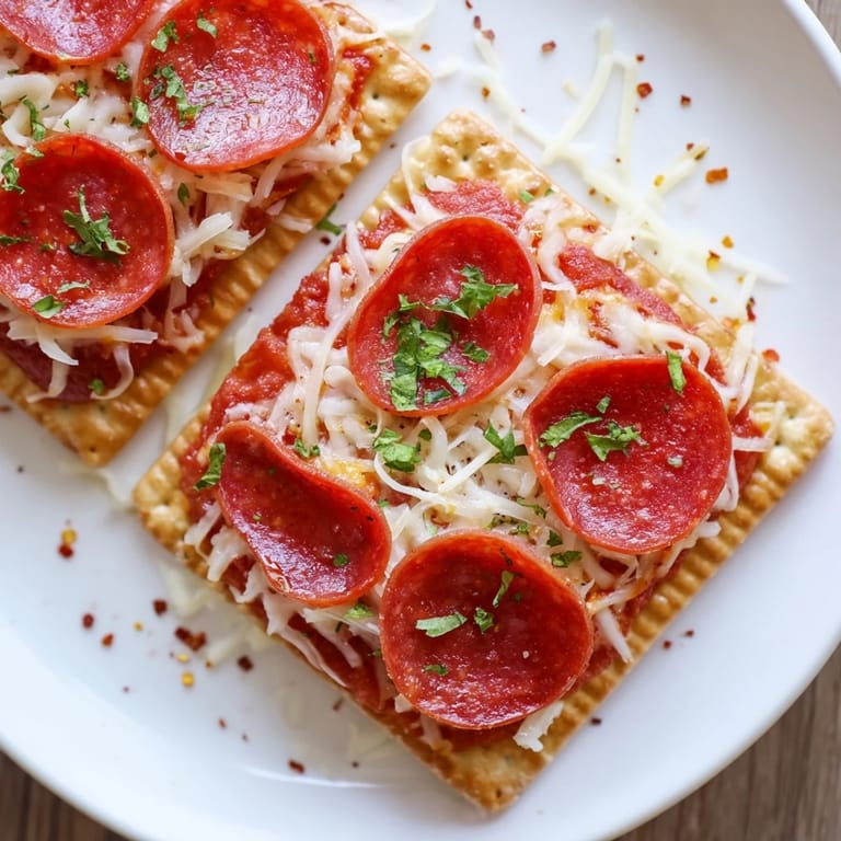 A close-up of golden, bubbly savory bites with a cheese and pepperoni cracker base.