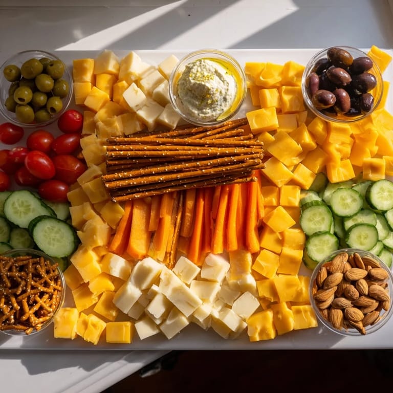 Pretzel rod streets define blocks of cheese, veggies, and meat in this fun Urban Grid appetizer, perfect for snacking.