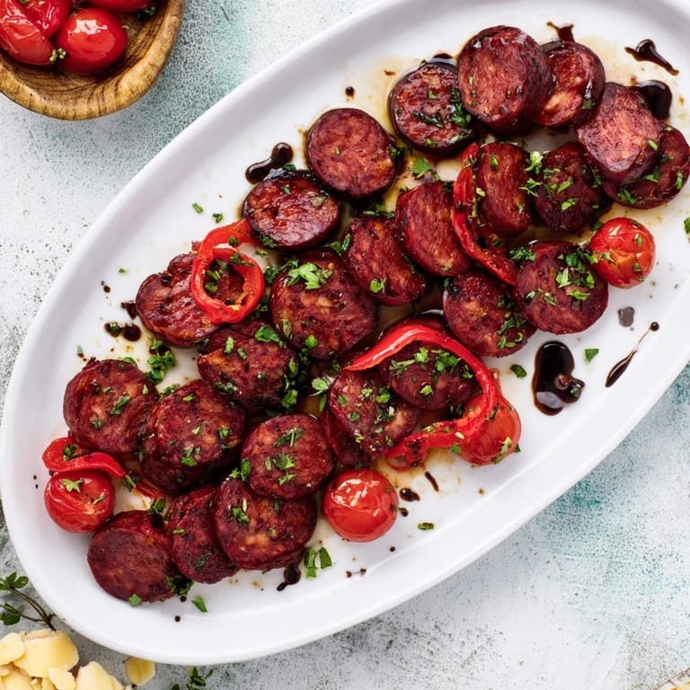 Crisp crackers topped with The Crimson Tide: a beautiful mix of chorizo, roasted peppers, and cherries.