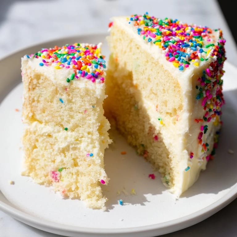 Festive slice of Happy Birthday Cake boasting fluffy cake layers and vibrant, delicious sprinkles.