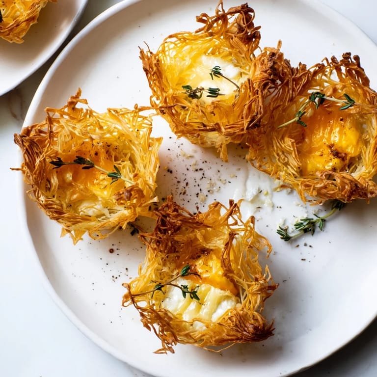 A close-up of The Rustic Barnyard appetizer, showing golden phyllo hay with various cheeses and thyme garnish.