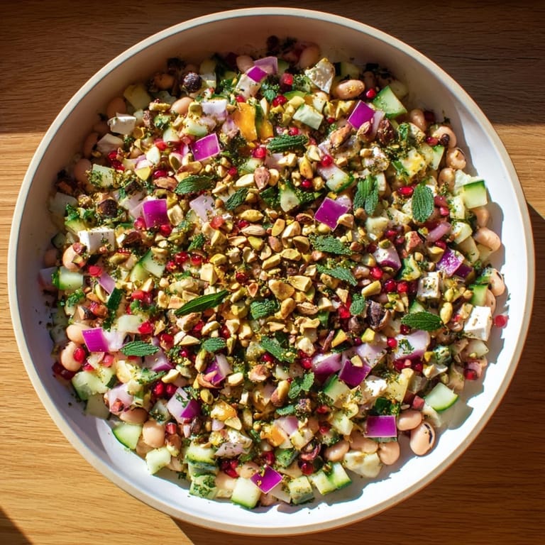 A refreshing bowl of Dense Bean Salad with Dubai Chocolate Notes, perfect for a vegetarian meal.