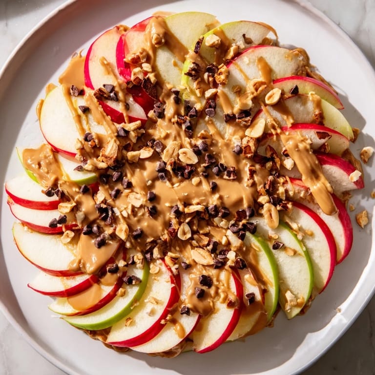 Sweet honey drizzled over Peanut Butter Apple Nachos with chopped peanuts and chocolate chips, a treat.