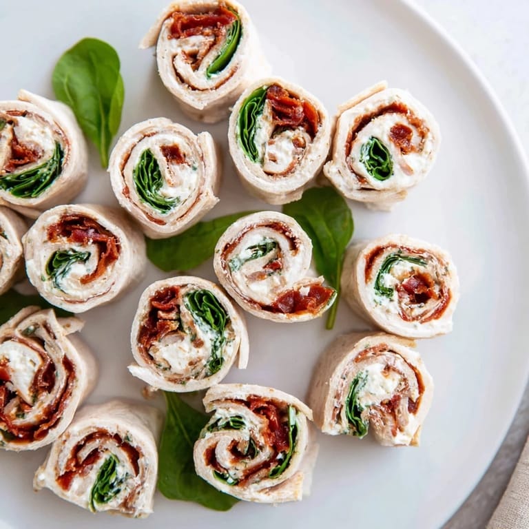 Delicious, bite-sized Sun-Dried Tomato Turkey Roll-Ups ready to eat, served with fresh spinach.