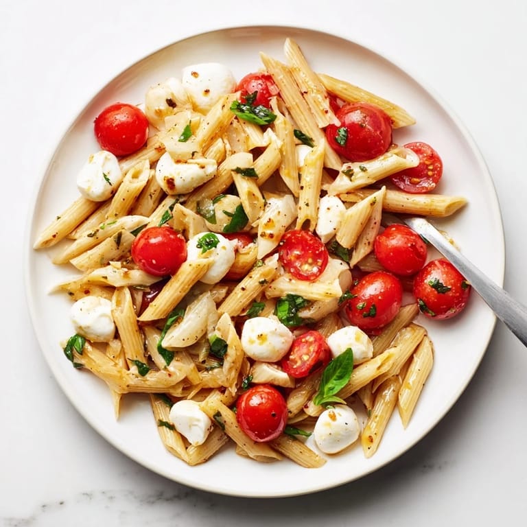 Close-up of freshly made Caprese Pasta Salad, tossed with a zesty balsamic dressing.