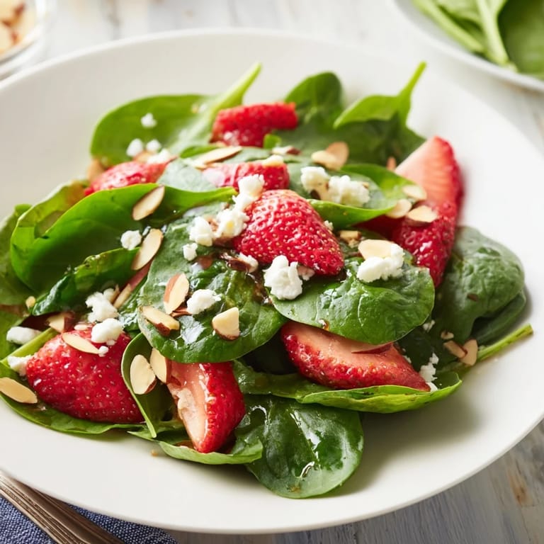 Refreshing Strawberry Spinach Salad—a light, gluten-free dish complete with balsamic vinaigrette and feta.