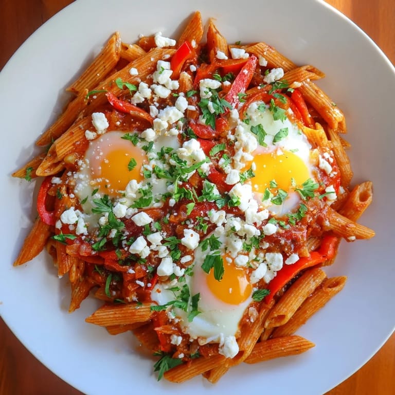 Warm, spicy Quick Shakshuka Pasta, infused with tomatoes and herbs, a quick weeknight meal.