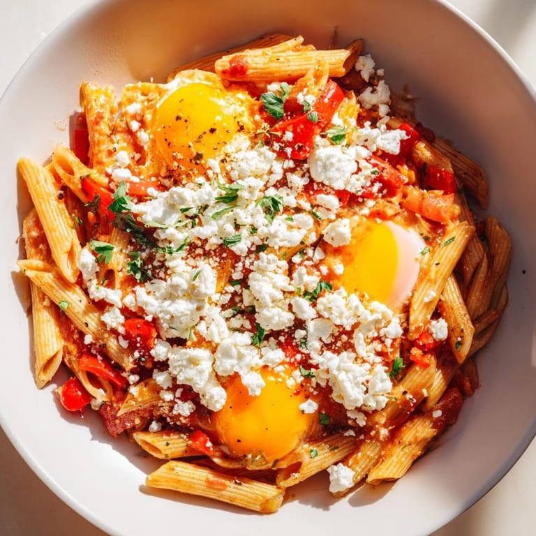 A close-up of Quick Shakshuka Pasta, creamy sauce and perfectly poached eggs shining.