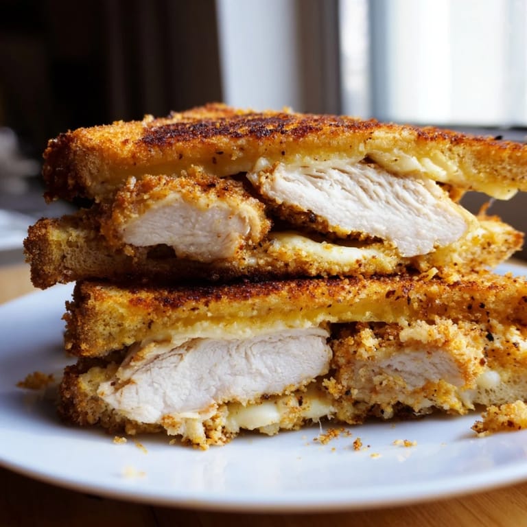 A close-up shot of Crispy Parmesan Chicken Thighs Grilled Cheese, featuring the crunchy chicken and golden bread.