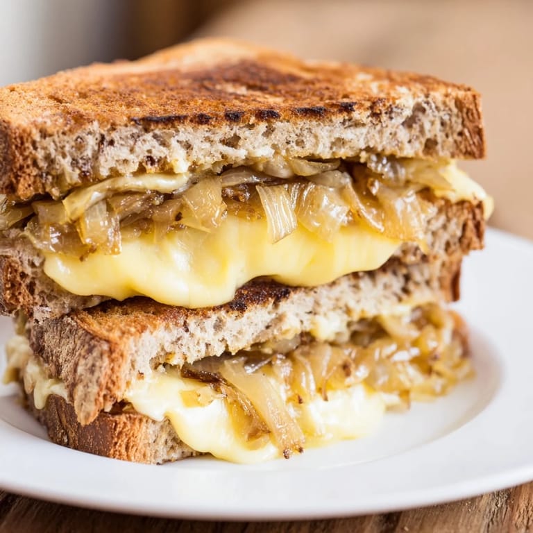 Buttery, crispy sourdough sandwich showing melted Gruyère and caramelized onions in this grilled cheese.