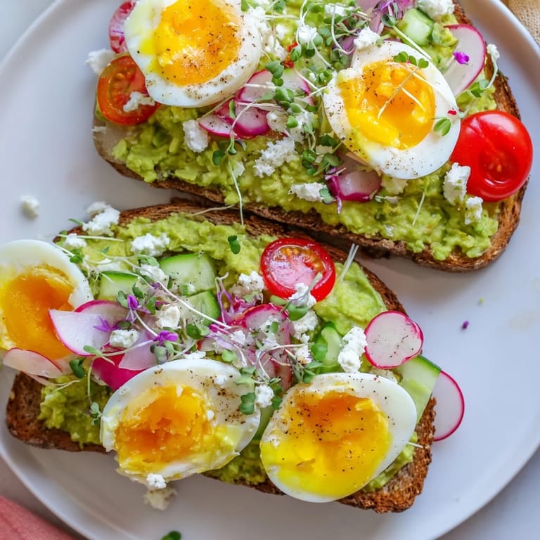 Picture the creamy avocado on this loaded avocado toast, topped with colorful veggies and a perfect egg.