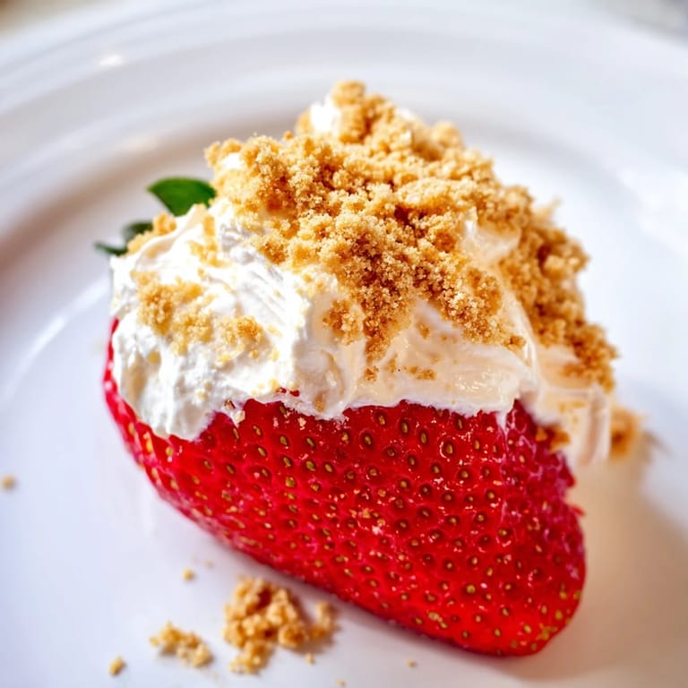 Close-up of vibrant Cheesecake Stuffed Strawberries, showcasing the tangy filling and crumbly topping.