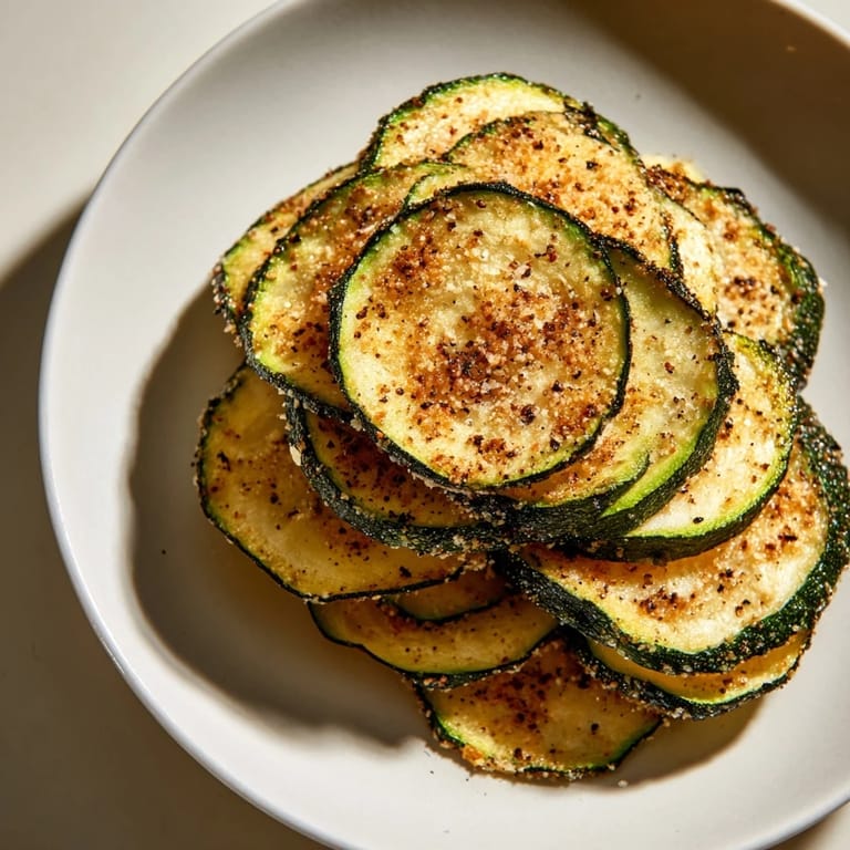 Golden, crispy zucchini chips, thinly sliced and seasoned, ready for a satisfying, healthy snack.