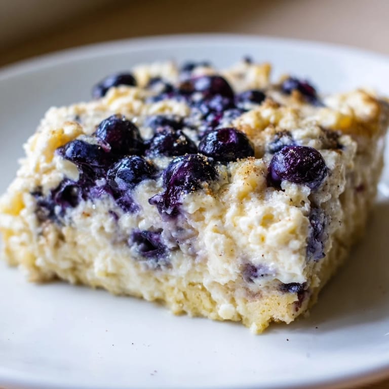 Golden-brown Blueberry Cottage Cheese Bake, baked to perfection with a light, airy texture.