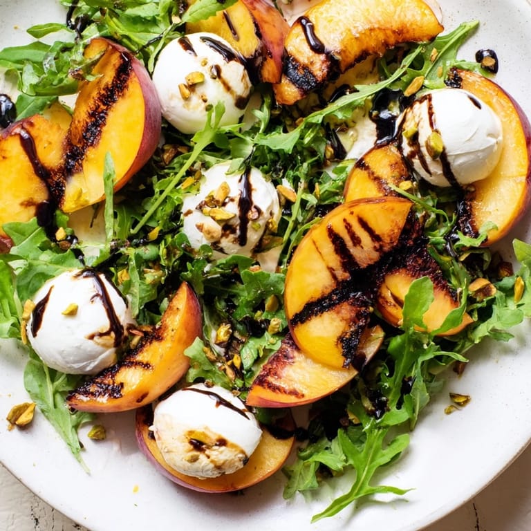 Beautiful plated Grilled Peach Salad showcasing succulent peach wedges and burrata cheese, perfect for sharing.