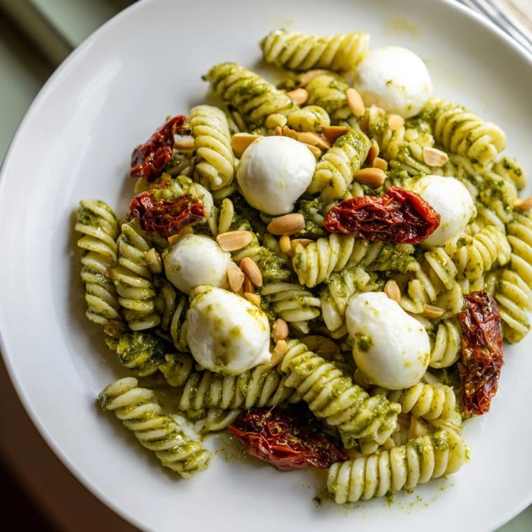 Creamy mozzarella and toasted pine nuts top the refreshing pesto pasta salad, perfect for summer.