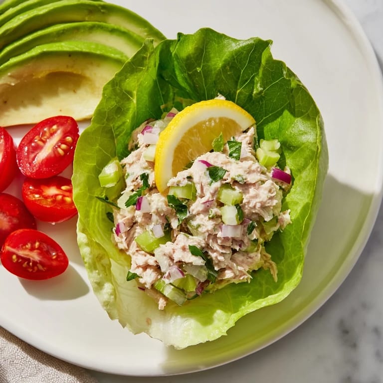 Healthy Tuna Salad Lettuce Wraps featuring vibrant butter lettuce leaves and optional toppings.