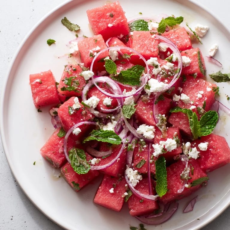 Enjoy this refreshing Watermelon Feta Salad: a Mediterranean delight with sweet and salty flavors.