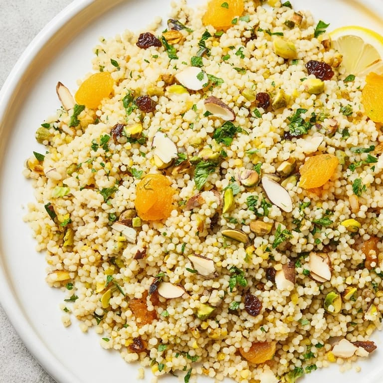 A vibrant, close-up of delicious couscous pilaf spiced, showcasing fluffy grains, and toasted nuts.