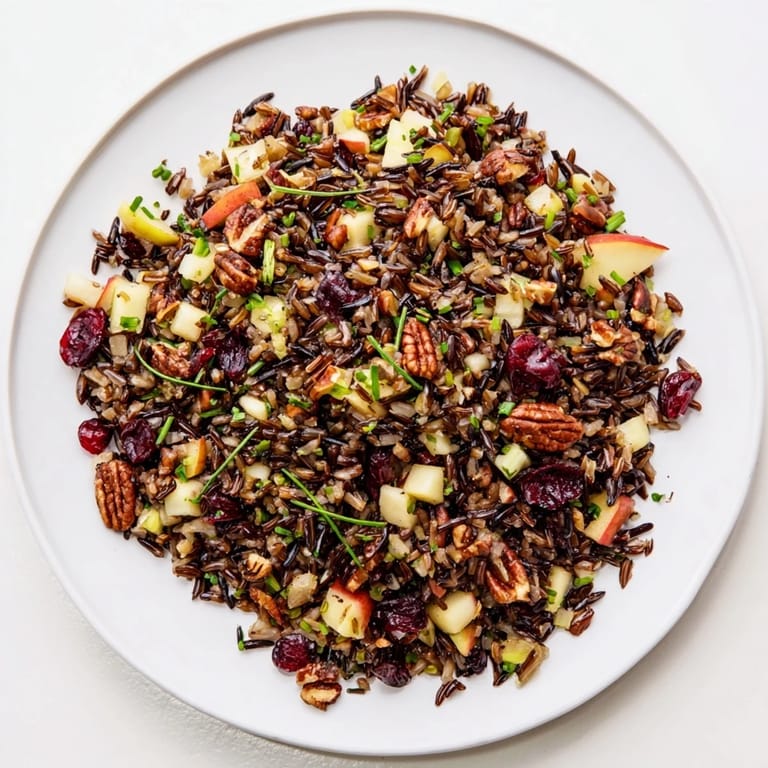 Hearty Wild Rice Harvest Salad, featuring plump cranberries and a flavorful vinaigrette, perfect for autumn.