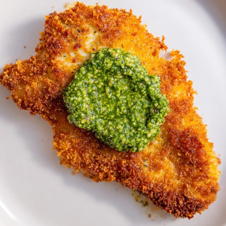 A close-up of Crispy Pesto Chicken Cutlets shows juicy, golden-brown cutlets garnished with fresh basil and served with lemon wedges on a rustic plate.  