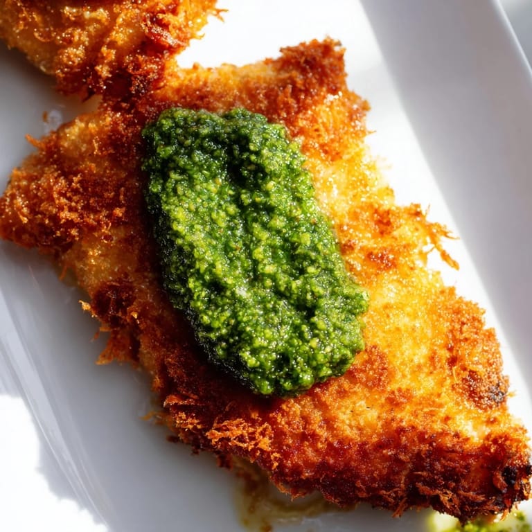 Tender Crispy Pesto Chicken Cutlets are shown with a crunchy Parmesan breadcrumb crust, ready to be paired with a simple salad or pasta for dinner.
