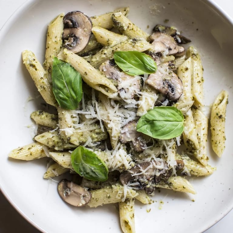 A close-up of mushroom pesto pasta with rich, velvety sauce clinging to each noodle, served hot with a generous sprinkle of Parmesan and cracked black pepper.