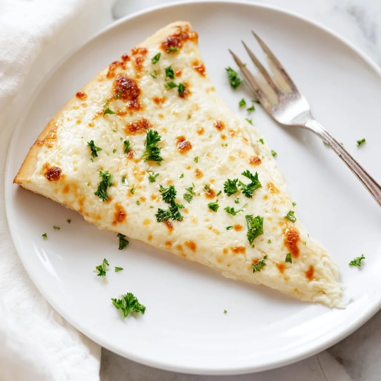 Slices of Creamy Garlic White Pizza are cut and served on a wooden board next to fresh parsley.