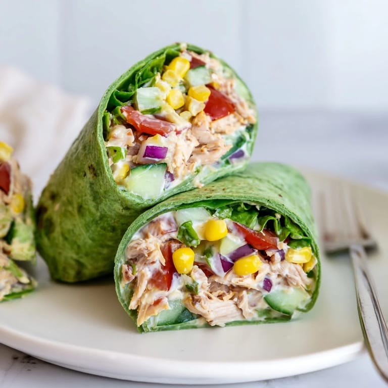 A close-up of BBQ Chicken Salad Wrap halves, revealing creamy chicken salad and vibrant, crunchy vegetables.