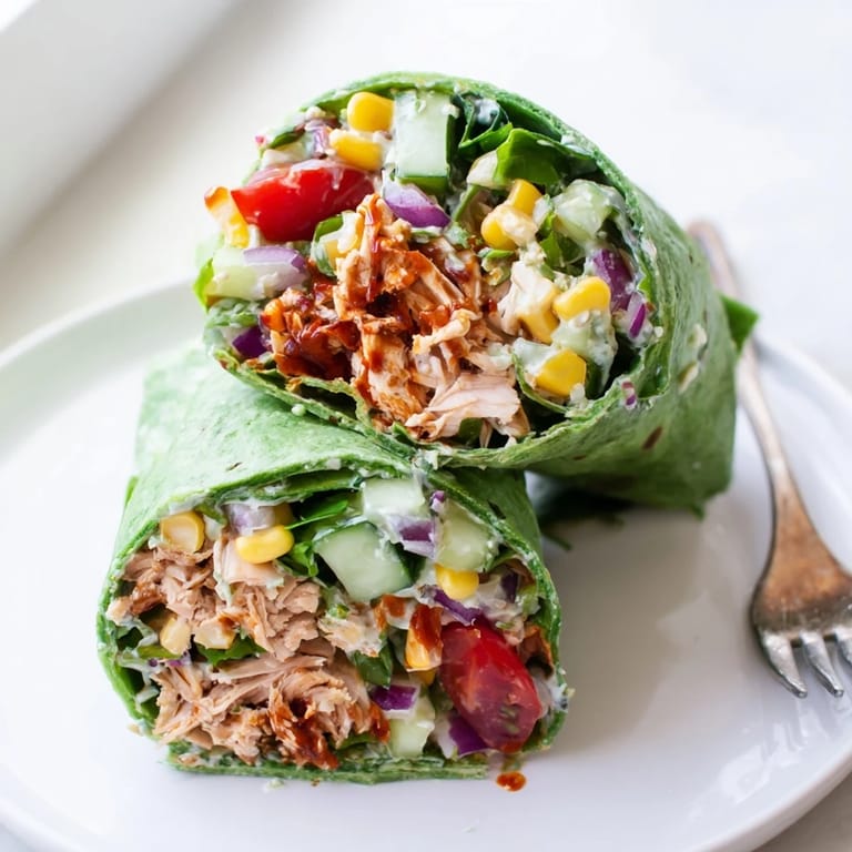 Lunch-ready BBQ Chicken Salad Wrap sliced diagonally, stacked and served with a light lime drizzle on a rustic board.