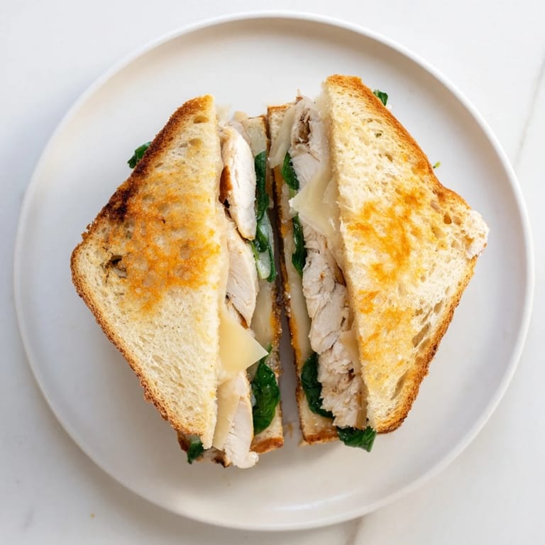 A close-up of a grilled chicken spinach panini with melted cheese and fresh spinach on crusty bread.