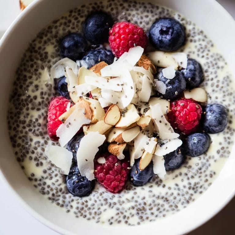 Thickened overnight poppy seed chia pudding with a crunchy almond topping, perfect for a nourishing dessert or snack.