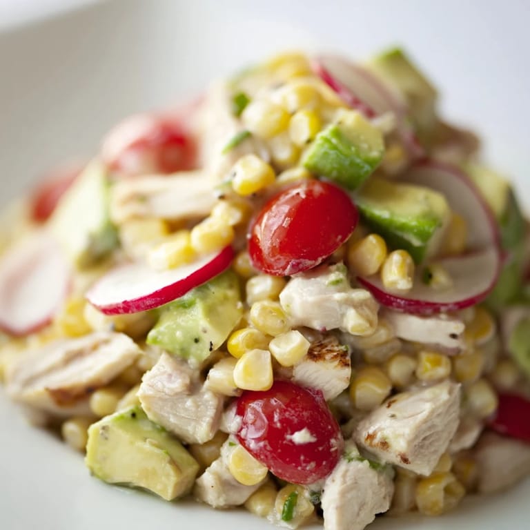 Hearty Roasted Corn & Chicken Chopped Salad with creamy avocado, radishes, and cherry tomatoes, drizzled with zesty lime dressing.  