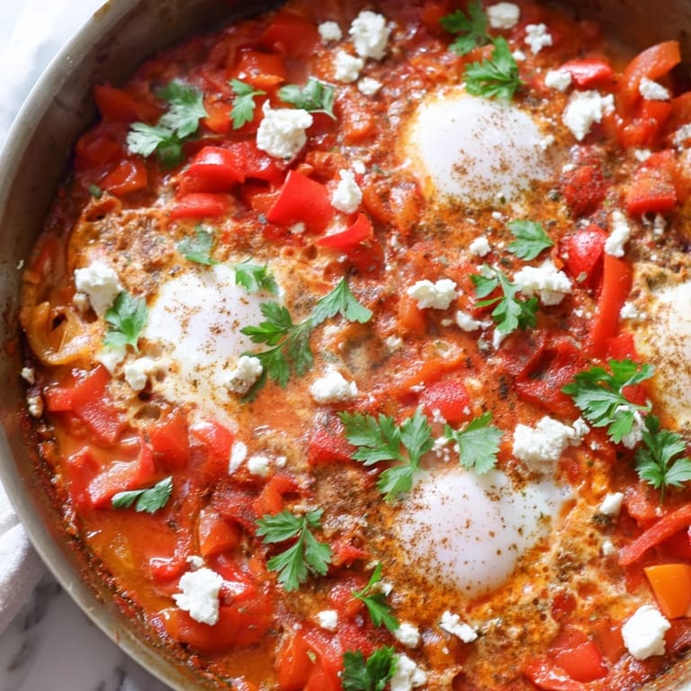 A close-up of Shakshuka reveals runny egg yolks and a vibrant red sauce with peppers and onions.