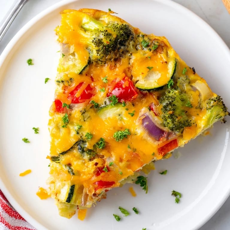 Freshly baked frittata with broccoli, peppers, and zucchini, ideal for a vegetarian meal.