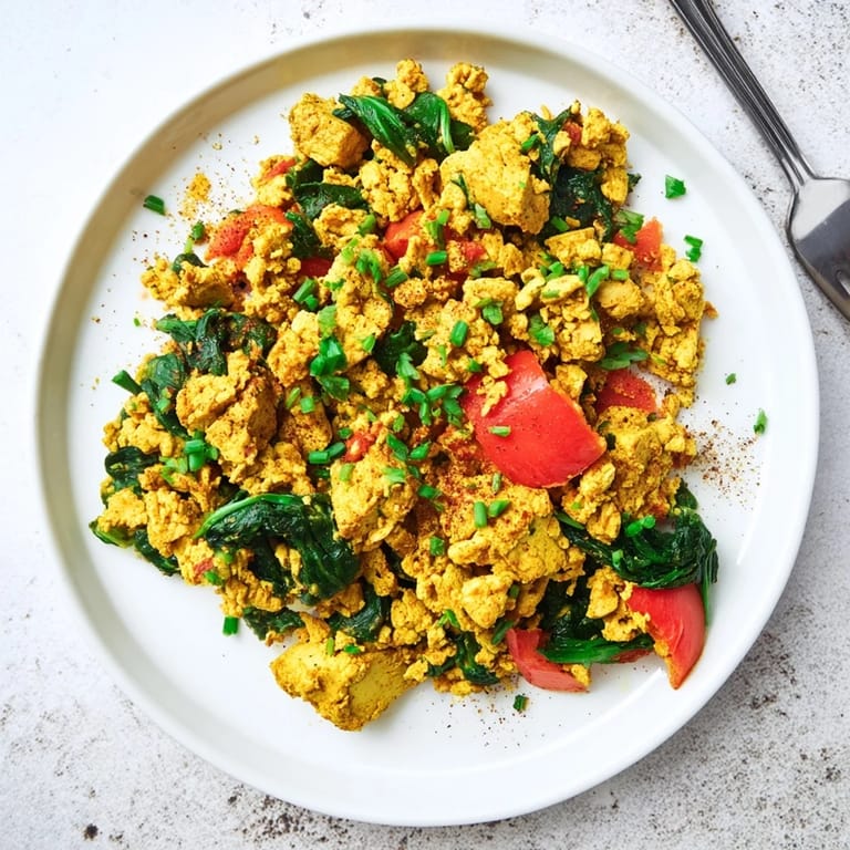 A close-up of fluffy plant-based tofu scramble topped with diced tomatoes and a sprinkle of nutritional yeast for brunch.  