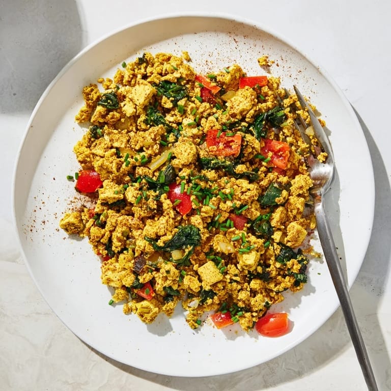 Vibrant vegan tofu scramble packed with colorful vegetables and herbs on a white plate, ready for breakfast.