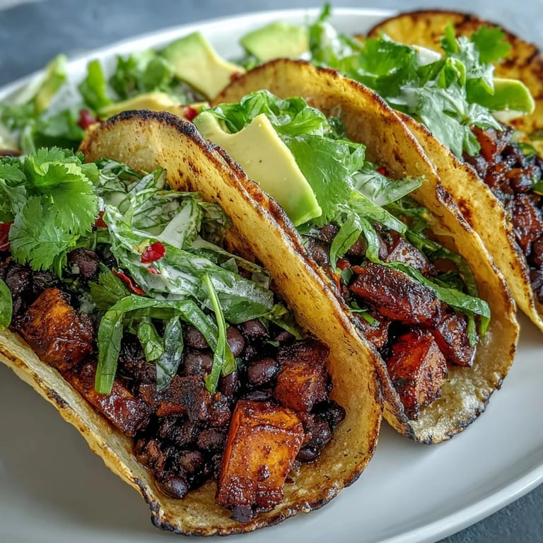 Hearty vegan Black Bean and Sweet Potato Tacos ready for a flavorful feast.