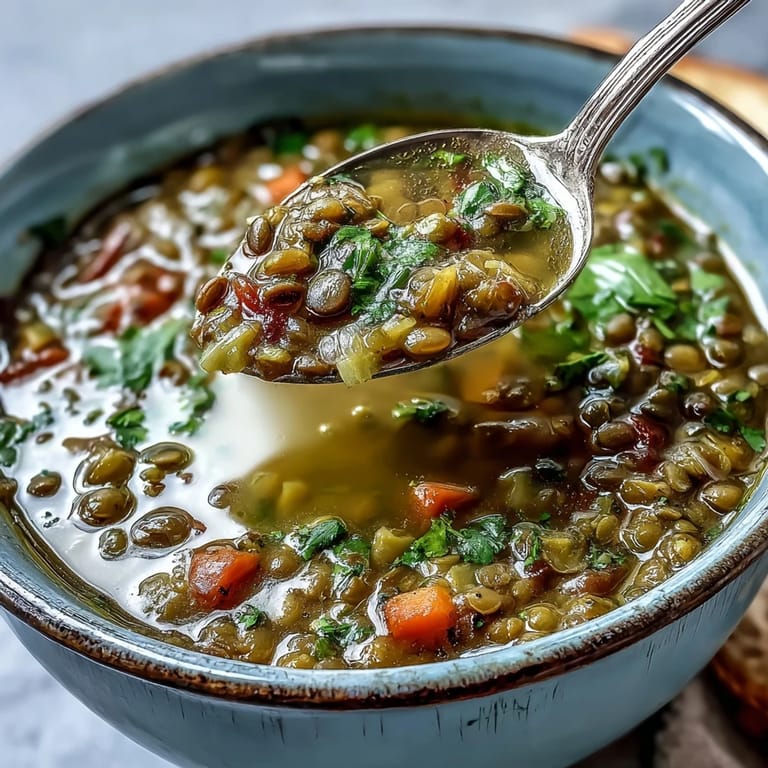 Hearty vegan mung bean soup ladle scooping tender beans and vegetables, highlighting turmeric color and aromatic spices.