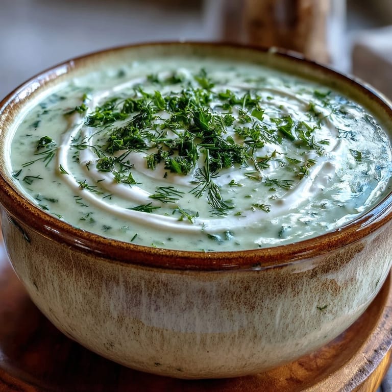 Vibrant green Creamy Celery and Herb Soup topped with chopped dill, next to a slice of toasted crusty bread on linen.