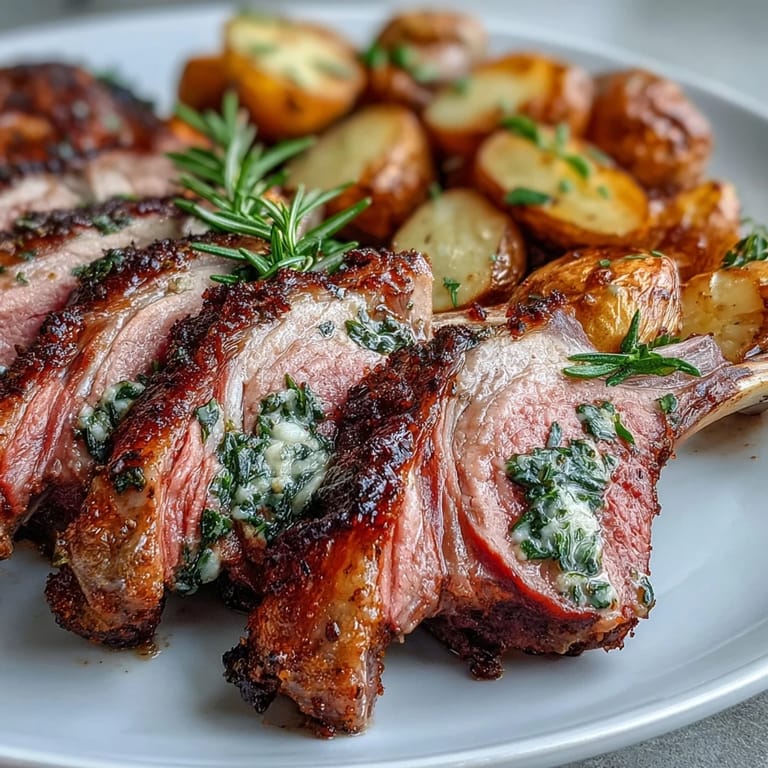 Juicy One-Pan Roast Rack of Lamb and Green Olive Potatoes resting before slicing.