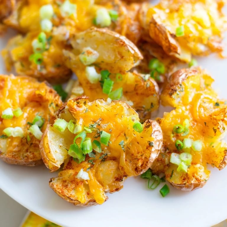 Golden potatoes smashed and roasted, loaded with green onions for delicious flavor.  