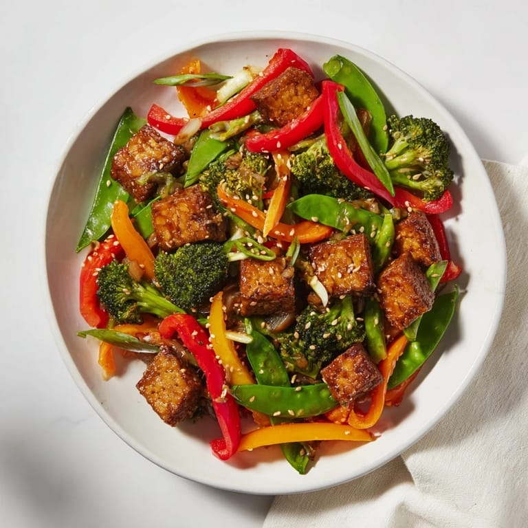 Hot Vegetable Tempeh Stir-Fry garnished with toasted sesame seeds and cilantro, ready for a quick and healthy weeknight dinner.