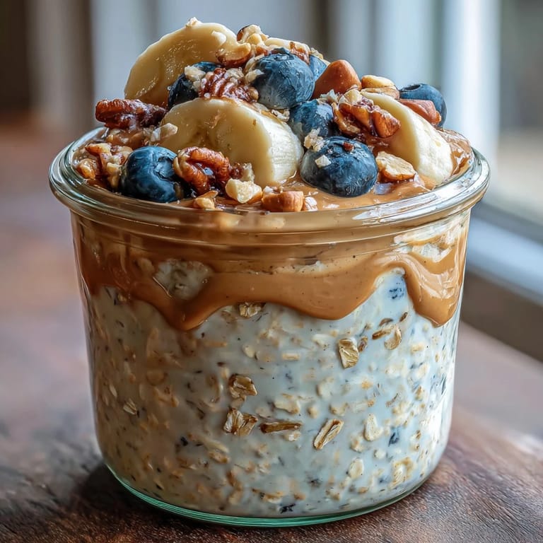 A spoonful of Greek yogurt and a drizzle of honey top these high-protein peanut butter overnight oats.