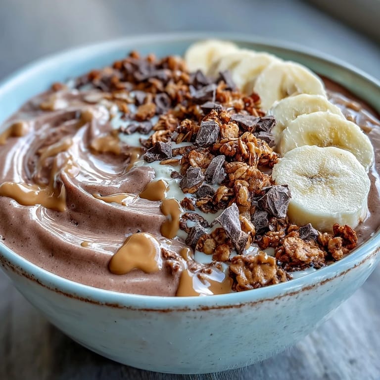 Chocolate peanut butter smoothie bowl in a white bowl with granola, banana pieces, and a peanut butter drizzle.
