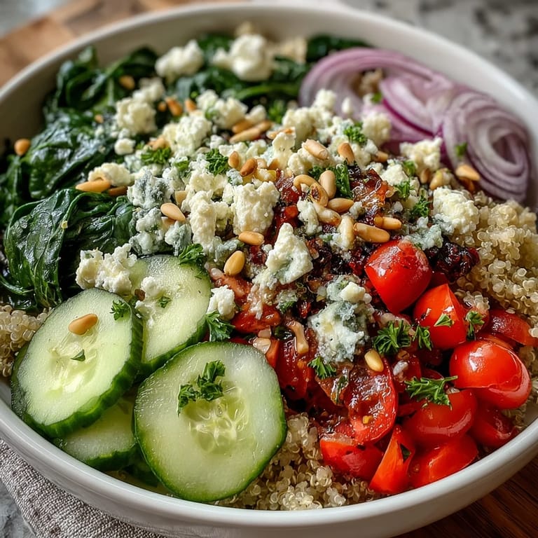 Colorful Spinach and Feta Grain Bowl with quinoa, diced bell peppers, red onion, and crumbled feta cheese.