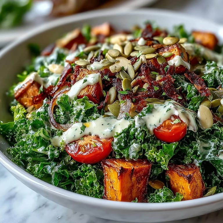 Colorful vegan kale salad bowl featuring roasted vegetables, seeds, and a generous tahini drizzle.