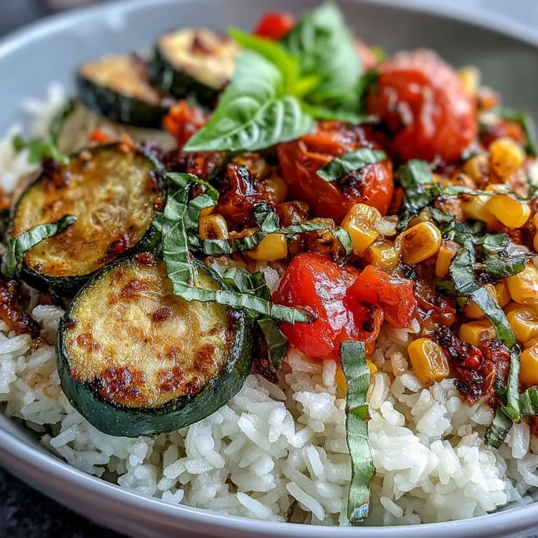 Colorful Summer Vegetable Bowl featuring juicy tomatoes and tender peppers, garnished with torn basil leaves on warm rice.